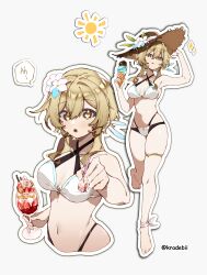  1girl :o absurdres bare_arms bare_shoulders bikini blonde_hair breasts cleavage commentary criss-cross_halter cropped_torso flower food genshin_impact grey_background hair_flower hair_ornament halterneck highres holding holding_food holding_ice_cream ice_cream kradebii long_hair looking_at_viewer lumine_(genshin_impact) medium_breasts multiple_views navel open_mouth parfait simple_background stomach swimsuit upper_body white_bikini white_flower yellow_eyes  rating:Sensitive score:6 user:danbooru