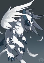  absol animal_focus artist_name claws closed_mouth creatures_(company) dated expressionless feathered_wings feathers from_side game_freak gen_3_pokemon gradient_background grey_background highres kaziearts mega_absol mega_pokemon monochrome nintendo no_humans pokemon pokemon_(creature) red_eyes short_hair signature simple_background solo white_feathers white_hair white_wings wings  rating:General score:7 user:AngryZapdos