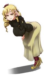 1girl bent_over black_sweater blonde_hair breasts commission drill_hair full_body hair_ornament hairpin hanging_breasts hat high_heels highres large_breasts long_hair looking_at_viewer mahou_shoujo_madoka_magica mahou_shoujo_madoka_magica_(anime) mini_hat narrow_waist pantyhose polyle ribbed_sweater solo sweater tomoe_mami turtleneck turtleneck_sweater twin_drills yellow_eyes rating:Sensitive score:101 user:danbooru