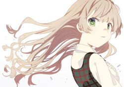  1girl blonde_hair breasts center_frills curly_hair dress eyelashes floating_hair frilled_shirt frills from_side green_dress green_eyes hair_between_eyes hair_ornament hashtag-only_commentary indie_virtual_youtuber long_bangs long_hair looking_at_viewer looking_to_the_side nobori_yuzu official_alternate_costume official_alternate_hairstyle parted_lips pinafore_dress pom_pom_(clothes) pom_pom_hair_ornament shigure_ui_(vtuber) shigure_ui_(vtuber)_(casual) shirt sleeveless sleeveless_dress smile solo turning_head upper_body virtual_youtuber white_background white_shirt 