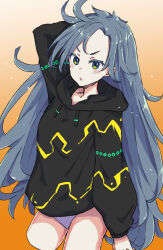 1girl adapted_costume annoyed arm_behind_head arm_up black_hoodie blush commentary_request cropped_legs dot_nose gradient_background grey_eyes grey_hair highres himemushi_momoyo hood hoodie jack_(wkm74959) long_hair looking_at_viewer open_mouth panties parted_bangs solo touhou underwear v-shaped_eyebrows very_long_hair white_panties