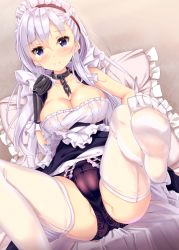 1girl apron azur_lane bare_shoulders belfast_(azur_lane) black_panties blue_dress blush braid breasts broken broken_chain chain cleavage closed_mouth clothes_lift collar commentary_request dress dress_lift feet french_braid frilled_sleeves frills fukuda_shuushi gloves highres leg_up long_hair looking_at_viewer maid_apron maid_headdress medium_breasts no_shoes on_bed panties pillow purple_eyes silver_hair sitting smile soles solo spread_legs thighhighs underwear white_apron white_thighhighs rating:Sensitive score:34 user:danbooru