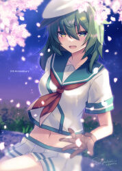  1girl anniversary breasts brown_gloves cherry_blossoms dated gloves green_eyes green_hair hat heterochromia highres kantai_collection kiso_(kancolle) looking_at_viewer medium_breasts midriff neckerchief night open_mouth outdoors petals pleated_skirt red_neckerchief sailor_collar scar scar_across_eye school_uniform serafuku signature skirt solo suzuring61 white_hat yellow_eyes 