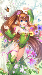 1girl :d ahoge argyle argyle_clothes argyle_cutout argyle_legwear arm_up bare_shoulders blue_eyes blue_flower blush breasts brown_hair bug butterfly cleavage clothing_cutout detached_sleeves elf fantasy flower forehead_jewel gem gold grass green_leotard green_thighhighs hair_flower hair_ornament highres insect leg_ribbon leotard long_hair long_sleeves looking_at_viewer medium_breasts open_mouth original pink_flower pink_ribbon pointy_ears ponytail revision ribbon see-through smile solo standing standing_on_one_leg star_(symbol) star_hair_ornament thigh_ribbon thighhighs tiara very_long_hair white_flower yellow_footwear youbou