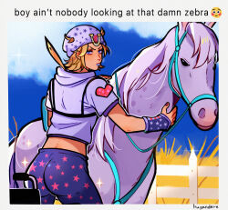  1boy absurdres artist_name ass blonde_hair blue_eyes blue_lips commentary crop_top english_commentary english_text feathers fence from_behind hat highres hood hoodie horse horseshoe huyandere johnny_joestar jojo_no_kimyou_na_bouken looking_back male_focus pants signature solo star_(symbol) star_print steel_ball_run stirrups_(riding) tight_clothes tight_pants v-shaped_eyebrows wheelchair white_hat white_hoodie 