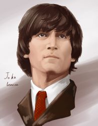  1boy bad_id bad_pixiv_id brown_eyes brown_hair character_name closed_mouth collared_shirt dress_shirt enosan highres john_lennon light_smile lips looking_up male_focus necktie original portrait real_life red_necktie shirt solo upper_body wing_collar 