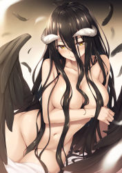 1girl albedo_(overlord) arm_under_breasts black_feathers black_hair black_wings blush breast_hold breasts brown_eyes closed_mouth collarbone commentary_request curled_horns feathered_wings feathers groin hair_between_eyes hair_censor hair_over_breasts head_tilt highres horns large_breasts long_hair looking_at_viewer navel nude overlord_(maruyama) smile solo tomifumi very_long_hair wings rating:Questionable score:32 user:danbooru