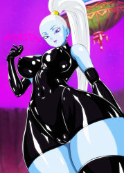 10s 1girl 2016 alien bare_shoulders black_gloves blue_skin breasts cameltoe colored_skin covered_erect_nipples curvy dicasty dragon_ball dragon_ball_super dress earrings empty_eyes eyebrows eyelashes female_focus gloves highres hip_focus jewelry large_breasts latex latex_dress latex_gloves latex_legwear lipstick long_hair looking_at_viewer makeup nipples nose panties pink_background ponytail purple_eyes purple_lips pussy shiny_clothes shiny_skin skin_tight smile solo source_request stomach thick_thighs thighhighs thighs uncensored underwear vados_(dragon_ball) very_long_hair white_hair white_panties rating:Explicit score:113 user:DarthDaniel96