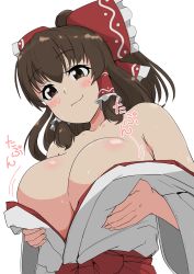 1girl absurdres blush bouncing_breasts bow breast_awe breasts brown_eyes brown_hair closed_mouth commentary_request cookie_(touhou) frilled_hair_tubes frills grabbing_own_breast hair_between_eyes hair_bow hair_tubes hakurei_reimu highres japanese_clothes kanna_(cookie) kimono large_breasts long_hair looking_at_viewer miko off_shoulder ponytail red_bow remote_controller_4 simple_background smile solo teasing touhou upper_body white_background white_kimono rating:Sensitive score:43 user:danbooru