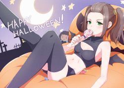  1girl bare_arms black_shorts black_thighhighs black_wings blush bow breasts brown_hair candy cleavage cleavage_cutout clothing_cutout crescent_moon food green_eyes halloween_costume happy_halloween highres kamidan lollipop long_hair lying micro_shorts midriff moon navel on_back purple_bow shania_(xenoblade) shiny_clothes shiny_legwear shiny_skin shorts small_breasts solo stomach thighhighs twintails wings xenoblade_chronicles_(series) xenoblade_chronicles_3  rating:Sensitive score:25 user:danbooru