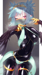  1girl absurdres black_background black_bodysuit black_feathers black_wings blue_hair blush bodysuit bodysuit_under_clothes breasts claws commentary_request commission covered_navel dancer dancer_(final_fantasy) feathers final_fantasy harem_outfit harpy highres indie_virtual_youtuber latex latex_bodysuit lincoro maguro27 mask mixed-language_commentary monster_girl mouth_mask mouth_veil one_eye_closed pixiv_commission pointy_ears pussy_juice red_eyes short_hair short_twintails small_breasts solo steaming_body sweat thigh_strap tiara twintails veil vibrator_in_thigh_strap virtual_youtuber winged_arms wings 