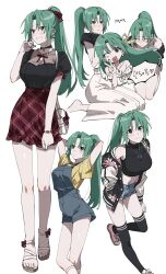  2girls absurdres arms_up black_shirt blue_shorts bracelet breasts cleavage closed_eyes collarbone dress earrings fingernails full_body green_eyes green_hair hand_in_pocket highres higurashi_no_naku_koro_ni jewelry korean_commentary large_breasts legs long_hair looking_at_viewer multiple_girls multiple_views navel necklace nonanonnon6u6 one_eye_closed open_mouth parted_bangs parted_lips ponytail sandals shirt shorts siblings simple_background sisters sitting smile sonozaki_mion sonozaki_shion toeless_footwear toenails toes twins v white_background  rating:Sensitive score:14 user:danbooru