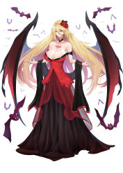  1girl bare_shoulders bat_(animal) bat_wings black_dress blonde_hair breasts chest_tattoo cleavage detached_collar dress earrings flower full_body hair_between_eyes hair_flower hair_ornament highres huge_breasts jewelry kengzeta long_dress long_hair no_bra off-shoulder_dress off_shoulder original outstretched_arms parted_lips red_dress red_eyes red_flower red_rose rose shawl smile solo standing tattoo two-tone_dress vampire very_long_hair white_background wings  rating:Sensitive score:47 user:danbooru