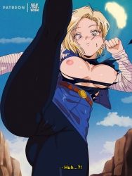  1girl android_18 blonde_hair bluethebone breast_exposed breasts cameltoe cleft_of_venus dragon_ball dragonball_z embarrassed from_below high_kick highres kicking legs solo sweatdrop tagme toei_animation torn_clothes upskirt wardrobe_malfunction 