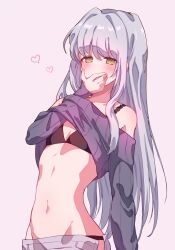  1girl absurdres bang_dream! black_bra black_panties blush bra breasts closed_mouth clothes_lift commentary_request covering_own_mouth heart highres lifted_by_self long_hair long_sleeves meu203 minato_yukina navel off_shoulder panties purple_sweater sidelocks simple_background small_breasts solo stomach sweater underwear white_hair yellow_eyes 