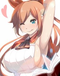 10s 1girl :q ;q alternate_breast_size arm_up armpits blue_eyes breasts brown_hair clarisse_(granblue_fantasy) granblue_fantasy heart large_breasts long_hair one_eye_closed ponytail shiki_(psychedelic_g2) sideboob simple_background solo tongue tongue_out white_background rating:Sensitive score:44 user:danbooru