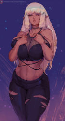 1girl blonde_hair blue_background breasts cleavage collarbone commentary commission curvy cutesexyrobutts dark-skinned_female dark_skin final_fantasy final_fantasy_xiv highres huge_breasts long_hair looking_at_viewer midriff navel original pants parted_lips pinup_(style) pointy_ears simple_background solo torn_clothes torn_pants warrior_of_light_(ff14) rating:Sensitive score:147 user:danbooru