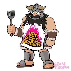  1boy apron arms_at_sides beard dungeon_meshi dwarf english_text expressionless facial_hair fake_horns full_body helmet highres holding holding_spatula horned_helmet horns lionfission long_beard looking_ahead male_focus mustache parody senshi_(dungeon_meshi) solo spatula standing thick_mustache very_long_beard 