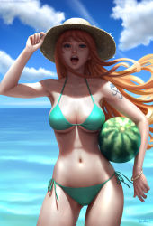  1girl beach bikini breasts food fruit hat highres large_breasts long_hair nami_(one_piece) one_piece open_mouth orange_hair sky solo swimsuit tattoo watermelon  rating:Sensitive score:28 user:loliawesome_