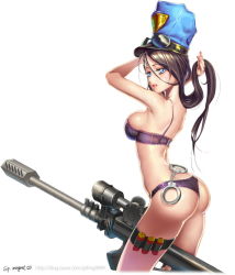  1girl anti-materiel_rifle ass blue_eyes bra breasts brown_hair caitlyn_(league_of_legends) cuffs frown gtfrog9999 gun handcuffs hat highres lace lace-trimmed_bra lace-trimmed_panties lace_trim large_breasts league_of_legends long_hair officer_caitlyn panties police police_hat police_uniform policewoman purple_bra purple_panties rifle sideboob sniper_rifle solo sunglasses underwear underwear_only uniform weapon white_background 