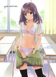  1girl artist_name backlighting black_thighhighs bra brown_eyes brown_hair chair circle_name classroom clothes_pull day desk dress_shirt english_text green_skirt hasumi_elan indoors looking_at_viewer medium_hair miniskirt navel open_clothes open_mouth open_skirt original panties parted_lips pleated_skirt pulling_own_clothes school_chair school_desk school_uniform shirt skirt skirt_pull solo standing thighhighs underwear undressing white_bra white_panties white_shirt window wing_collar 