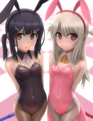 2girls animal_ears arms_behind_back bare_shoulders black_hair black_leotard blush breasts brown_eyes commentary_request covered_navel detached_collar fake_animal_ears fate/kaleid_liner_prisma_illya fate_(series) hair_ornament hairclip highres illyasviel_von_einzbern leotard long_hair looking_at_viewer miyu_edelfelt multiple_girls official_alternate_costume open_mouth pantyhose playboy_bunny rabbit_ears red_eyes siraha small_breasts standing twintails white_hair rating:Sensitive score:95 user:danbooru