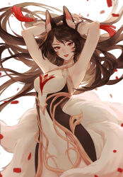  1girl 891 absurdres ahri_(league_of_legends) animal_ear_fluff animal_ears armpits arms_up commentary cowboy_shot english_commentary facial_mark falling_petals fingernails fox fox_ears fox_girl fox_tail hair_between_eyes highres immortalized_legend_ahri league_of_legends long_hair looking_at_viewer multiple_tails nail_polish official_alternate_costume parted_lips petals red_eyes red_nails red_petals sidelocks simple_background smile solo tail whisker_markings white_background 