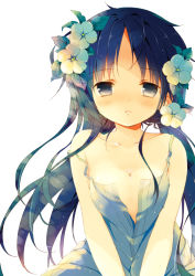  1girl bare_shoulders black_eyes black_hair blush breasts cleavage dress flower hair_flower hair_ornament long_hair looking_at_viewer natsuki_coco open_clothes original simple_background solo strap_slip sundress 