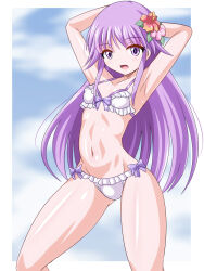 1boy arms_behind_head bikini blue_sky breasts bulge cloud commentary_request crossdressing flower frilled_bikini frills hair_flaps hair_flower hair_ornament happiness! heigani_(rovesuke) highres looking_at_viewer purple_eyes purple_hair sky small_breasts solo standing swimsuit trap watarase_jun white_bikini 