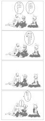 1girl 2boys 4koma absurdres ahoge bag_over_head book comic d_futagosaikyou detached_sleeves eating facepalm greyscale hair_ornament hairclip headphones highres holding holding_book kagamine_len kagamine_len_(append) kagamine_rin kagamine_rin_(append) leg_warmers monochrome multiple_boys music nude pointing reading shirt short_hair sin_sack singing sitting sleeveless sleeveless_shirt speech_bubble swept_bangs translated vocaloid vocaloid_append white_background rating:Sensitive score:0 user:danbooru