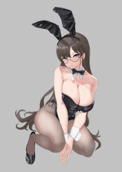  1girl absurdres animal_ears black_bow black_bowtie black_hair black_leotard blue_eyes bow bowtie breasts cleavage detached_collar glasses grey_background grey_pantyhose highres large_breasts leotard m-edge original pantyhose playboy_bunny rabbit_ears simple_background smile solo squatting strapless strapless_leotard wrist_cuffs 