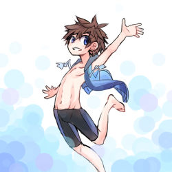  1boy blue_eyes brown_hair grin jacket looking_at_viewer lowres male_focus shota smile solo swimsuit tagme wool_bl  rating:Questionable score:14 user:Epox