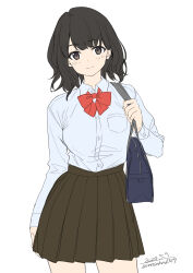  1girl absurdres arm_at_side bag blush bow bowtie breast_pocket brown_eyes brown_hair brown_skirt closed_mouth collared_shirt contrapposto cowboy_shot dated dot_nose flat_color high-waist_skirt highres holding holding_bag legs_apart long_bangs long_sleeves looking_at_viewer miniskirt original pleated_skirt pocket red_bow red_bowtie school_bag shirt shirt_tucked_in simple_background skirt smile solo twitter_username unasaka_ryou white_background white_shirt 