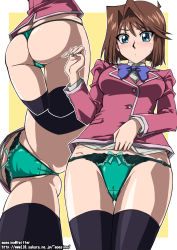  1girl ass black_thighhighs blazer blue_eyes blue_neckwear blunt_ends blush bob_cut border bow bow_panties bowtie brown_hair cameltoe cleft_of_venus closed_mouth clothes_lift commentary_request cropped_legs crotch_seam dress_shirt from_below green_panties grey_shirt hair_intakes highres jacket lifting_own_clothes light_frown long_sleeves looking_at_viewer mazaki_anzu moeshino multiple_views no_pants outside_border panties purple_jacket school_uniform shirt shirt_lift short_hair skindentation standing sweatdrop thigh_gap thighhighs thong twitter_username underwear watermark web_address white_border yellow_background yu-gi-oh! yu-gi-oh!_duel_monsters  rating:Questionable score:128 user:danbooru