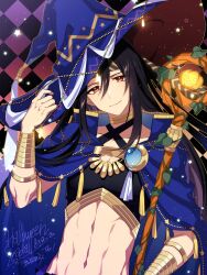  1boy abs black_hair bracelet closed_mouth crop_top fire_emblem fire_emblem_engage fire_emblem_heroes gold_trim hat headband highres holding holding_staff jewelry l_(matador) long_hair looking_at_viewer midriff navel nintendo official_alternate_costume red_eyes seadall_(fire_emblem) seadall_(halloween)_(fire_emblem) smile solo staff witch_hat  rating:Sensitive score:3 user:danbooru