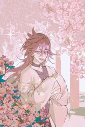  1boy banzoin_hakka bishounen black_choker blue_eyes cardigan cherry_blossoms choker commentary crossed_arms dsalcy english_commentary flower hair_between_eyes highres holostars holostars_english long_hair long_sleeves looking_at_viewer male_focus open_cardigan open_clothes open_mouth outdoors pale_color pink_flower pink_theme purple_hair revision sleeves_past_fingers sleeves_past_wrists solo sparkle swept_bangs tree upper_body virtual_youtuber 