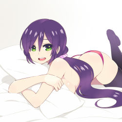  10s 1girl ass bed black_thighhighs blush breasts butt_crack chan_co green_eyes hair_ornament large_breasts long_hair looking_at_viewer love_live! love_live!_school_idol_project lying hugging_object on_stomach open_mouth panties pillow pillow_hug purple_hair red_panties scrunchie skindentation smile solo thighhighs topless tojo_nozomi underwear underwear_only  rating:Questionable score:38 user:danbooru