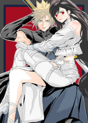  1boy 1girl arm_up artist_name asymmetrical_clothes asymmetrical_legwear bare_shoulders belt belt_buckle black_gloves black_hair blonde_hair blue_eyes buckle closed_mouth cloud_strife cloud_strife_(murasame) couple crop_top crossed_legs earrings elbow_gloves feather_earrings feathers feet_out_of_frame final_fantasy final_fantasy_vii final_fantasy_vii_ever_crisis final_fantasy_vii_remake frilled_shirt frills from_side gloves hakama hakama_pants highres holding holding_sword holding_weapon japanese_clothes jewelry katana long_hair long_skirt long_sleeves looking_at_viewer looking_to_the_side low-tied_long_hair midriff nikuya_(nikuya888) off-shoulder_shirt off_shoulder official_alternate_costume pants parted_lips red_eyes samurai shirt shoulder_pads side_slit single_earring single_pantsleg sitting sitting_on_lap sitting_on_person skirt sleeveless sleeveless_shirt smile spiked_hair sword thigh_belt thigh_strap tifa_lockhart tifa_lockhart_(feather_style) turtleneck very_long_hair weapon white_feathers white_footwear white_gloves white_pants white_skirt 