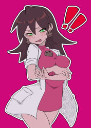  ! !! 1girl absurdres arms_under_breasts breasts brown_hair buzzlyears coat commentary covered_collarbone dress earrings fang glowing glowing_eyes green_eyes highres jewelry lab_coat medium_breasts medium_hair mega_man_(series) mega_man_legends_(series) pink_background pink_dress simple_background solo tron_bonne_(mega_man) 