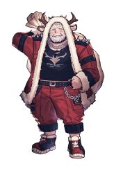  1boy animal_ears antlers bara beard blush chain chain_necklace christmas coat_over_head deer_antlers deer_ears facial_hair full_beard full_body hat horns jewelry looking_at_viewer male_focus midriff_peek mustache necklace old old_man original plump sack santa_costume santa_hat shirt shoes short_hair shorts sneakers solo thick_beard thick_eyebrows thick_mustache torn_clothes torn_shirt tsurime white_hair yusa_(usa_kotobuki) 