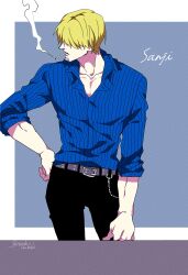  1boy absurdres artist_name belt black_pants blonde_hair blue_shirt chain character_name cigarette collared_shirt facial_hair goatee hand_on_own_hip highres looking_to_the_side male_focus one_piece pants sanji_(one_piece) shi_camellia8 shirt short_hair sleeves_rolled_up smoke solo striped_clothes striped_shirt vertical-striped_clothes vertical-striped_shirt 