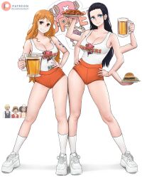 2girls 3boys absurdres alcohol arm_tattoo beer beer_mug black_hair blue_eyes brand_name_imitation breasts burger cleavage cross-laced_footwear cup dismaiden extra_arms food full_body hana_hana_no_mi hands_on_own_hips highres holding holding_plate hooters kneehighs large_breasts legs long_hair looking_at_another micro_shorts money monkey_d._luffy mug multiple_boys multiple_girls nami_(one_piece) nico_robin one_piece orange_eyes orange_hair orange_shorts plate platform_footwear sanji_(one_piece) shoes shorts simple_background sneakers socks tank_top tattoo tony_tony_chopper usopp white_background white_footwear white_socks white_tank_top  rating:Sensitive score:70 user:danbooru