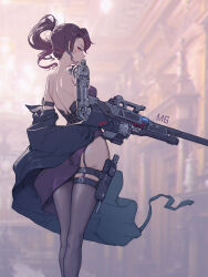 1girl absurdres asymmetrical_legwear bare_back bare_shoulders black_pantyhose black_thighhighs blurry blurry_background bright_pupils commentary_request eyebrow_cut feet_out_of_frame from_behind gun high_ponytail highres holding holding_gun holding_weapon huixing_chloy humanization legs_together m6_heavy_tank mechanical_arms medium_hair mismatched_legwear off_shoulder original pantyhose photoshop_(medium) pouch profile prosthesis prosthetic_arm purple_hair radio_antenna red_eyes single_leg_pantyhose single_mechanical_arm single_thighhigh solo standing thigh_pouch thighhighs weapon world_of_tanks 