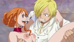  breasts highres large_breasts nami_(one_piece) nude_filter one_piece r34son sanji_(one_piece) third-party_edit  rating:Questionable score:41 user:r34son