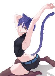  1boy absurdres animal_ears armpits arms_up ass back black_shorts blue_eyes brown_thighhighs cat_boy cat_ears cat_tail chobonu crop_top feet genshin_impact hair_between_eyes highres looking_at_viewer male_focus open_mouth purple_hair scaramouche_(genshin_impact) short_hair shorts solo tail thighhighs toes trap white_background  rating:Sensitive score:8 user:danbooru