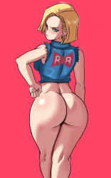  1girl android_18 ass bare_shoulders blonde_hair blue_eyes bottomless closed_mouth cowboy_shot denim_vest dragonball_z earrings from_behind highres huge_ass jewelry looking_back looking_down red_background short_hair simple_background sleeveless solo standing vest ytrall  rating:Questionable score:191 user:DarkToonLink