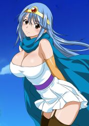  1girl aqua_hair arms_behind_back blue_cape breasts brown_eyes brown_thighhighs cape circlet cleavage closed_mouth cowboy_shot dragon_quest dragon_quest_iii dress elbow_gloves female_focus garter_straps gem gloves hair_between_eyes highres large_breasts long_hair looking_at_viewer orange_gloves red_gemstone sage_(dq3) solo strapless strapless_dress thighhighs white_dress yuuyuu_(3jjbn) 