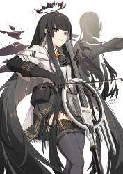  1girl absurdres antenna_hair arknights ascot belt belt_buckle belt_pouch black_ascot black_belt black_eyes black_garter_straps black_gloves black_hair black_halo black_skirt black_thighhighs black_wings bloom blunt_bangs bow_(music) broken_halo buckle cello chinese_commentary closed_mouth collared_jacket colored_inner_hair commentary_request crossed_legs dark_halo dated detached_wings diamond-shaped_pupils diamond_(shape) dress_shirt energy_wings feet_out_of_frame film_grain from_below from_side garter_straps gloves grey_hair grey_shirt halo hand_up high_collar highres hime_cut holding holding_bow_(music) holding_instrument holding_violin index_finger_raised instrument jacket knees lace lace-trimmed_skirt lace_trim layered_sleeves long_hair long_sleeves looking_at_viewer looking_down looking_to_the_side miniskirt mole mole_under_eye multicolored_hair music originium_arts_(arknights) pale_skin playing playing_instrument pleated_skirt pouch shadow shirt short-sleeved_jacket short_over_long_sleeves short_sleeves sidelocks simple_background skirt smile solo standing straight_hair strap symbol-shaped_pupils thighhighs thighs two-tone_hair very_long_hair violin virtuosa_(arknights) white_background white_jacket wide_sleeves wing_collar wings xiaotong zettai_ryouiki 
