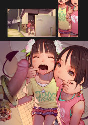  1boy 2girls absurdres age_difference backpack bag black_hair blush breasts censored erection flat_chest glory_hole highres imminent_fellatio loli miniskirt muk_(monsieur) multiple_girls oral penis randoseru restroom skirt small_breasts tail through_wall toilet toilet_stall tongue uvula  rating:Explicit score:810 user:Panty_worm