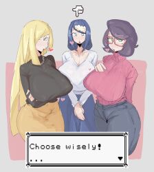  3girls absurdres alternate_breast_size arm_behind_back arms_under_breasts blonde_hair blue_eyes blue_hair breasts cleavage commentary covered_erect_nipples creatures_(company) crossed_arms crotch_outline denim dialogue_box english_commentary english_text game_freak glasses green_eyes groin_outline hair_ornament hair_over_one_eye hand_up hands_on_own_chest hands_on_own_crotch heart highres jeans jewelry lana&#039;s_mother_(pokemon) large_breasts leebo_(leeboxxx) long_sleeves looking_at_viewer lusamine_(pokemon) mature_female multiple_girls necklace nintendo one_eye_covered open_mouth own_hands_together pants pearl_necklace pencil_skirt pokemon pokemon_(anime) pokemon_sm_(anime) purple_hair skirt spoken_heart standing sweater thick_thighs thighs turtleneck turtleneck_sweater wicke_(pokemon) 